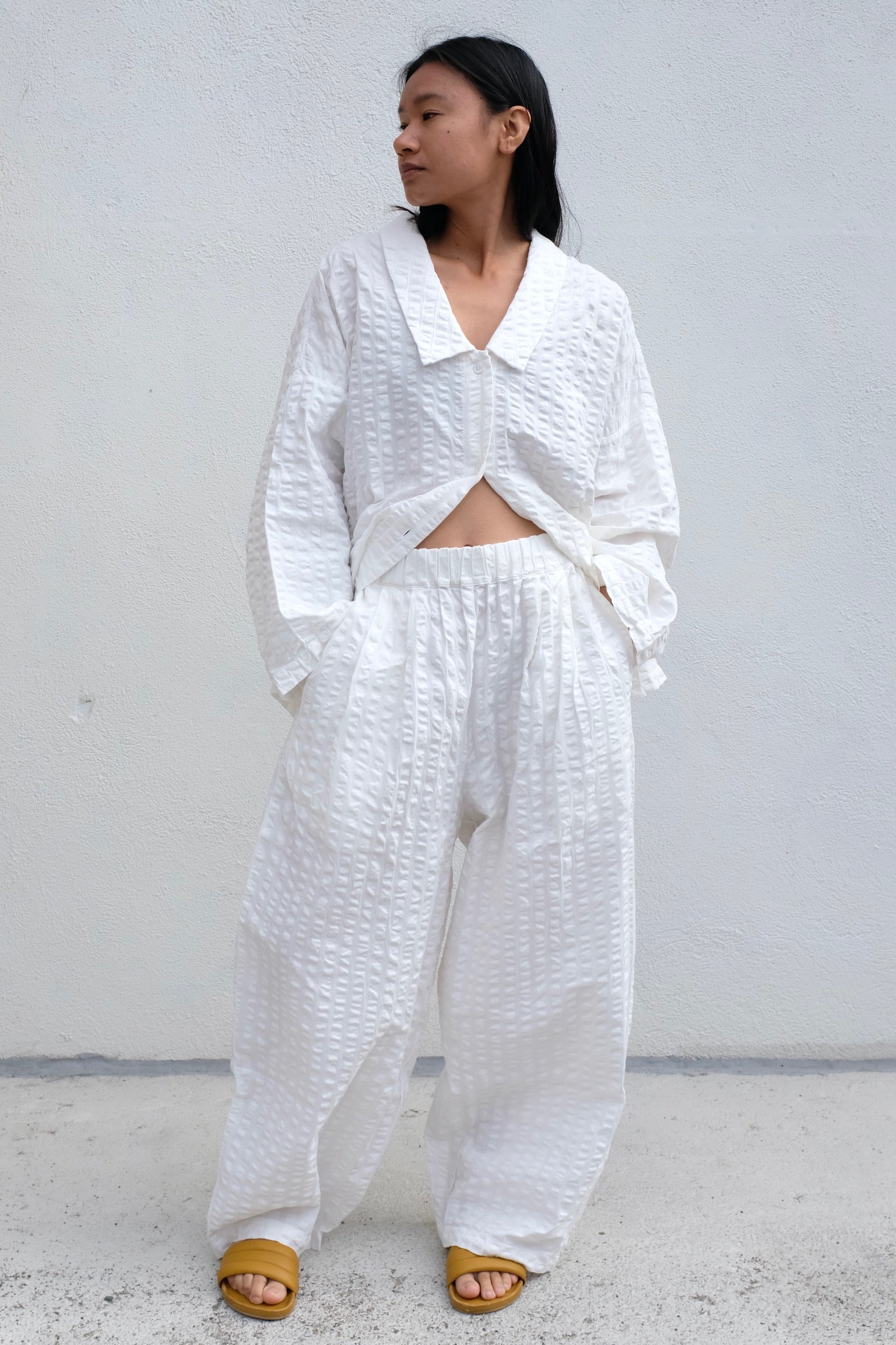 Black Crane Wide Pants - White Seersucker | Garmentory