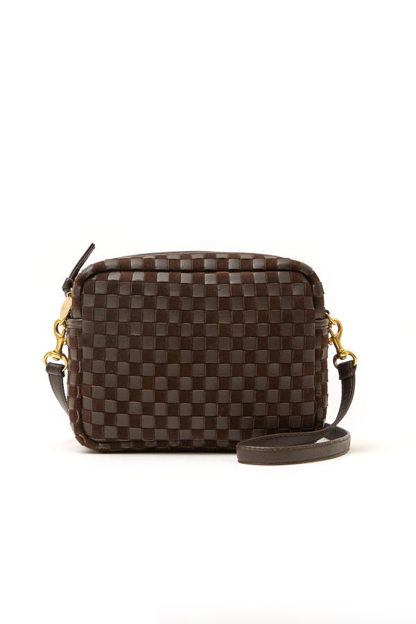 Clare V. Midi Sac Crossbody Bag - Mahogany Nappa & Suede Woven Checker