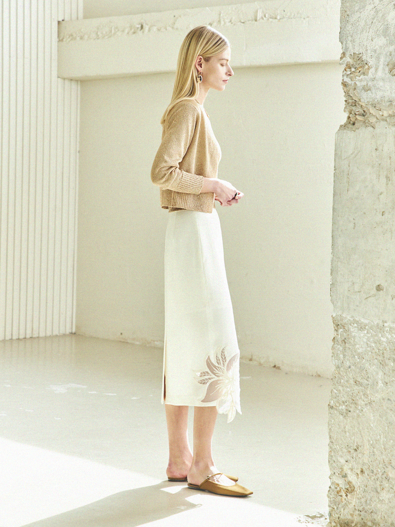 Maison De Ines Sheer Flower Detail H-Skirt - Ivory