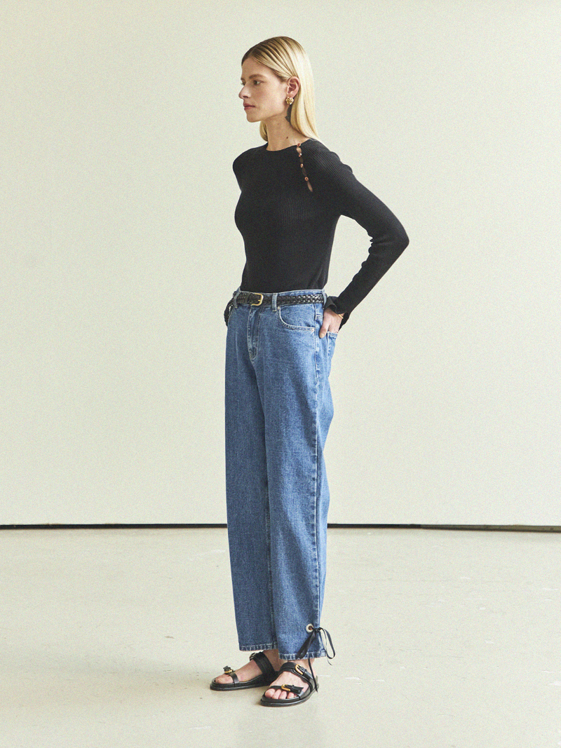 Maison De Ines Side Button Modal Long T Shirt  - Black