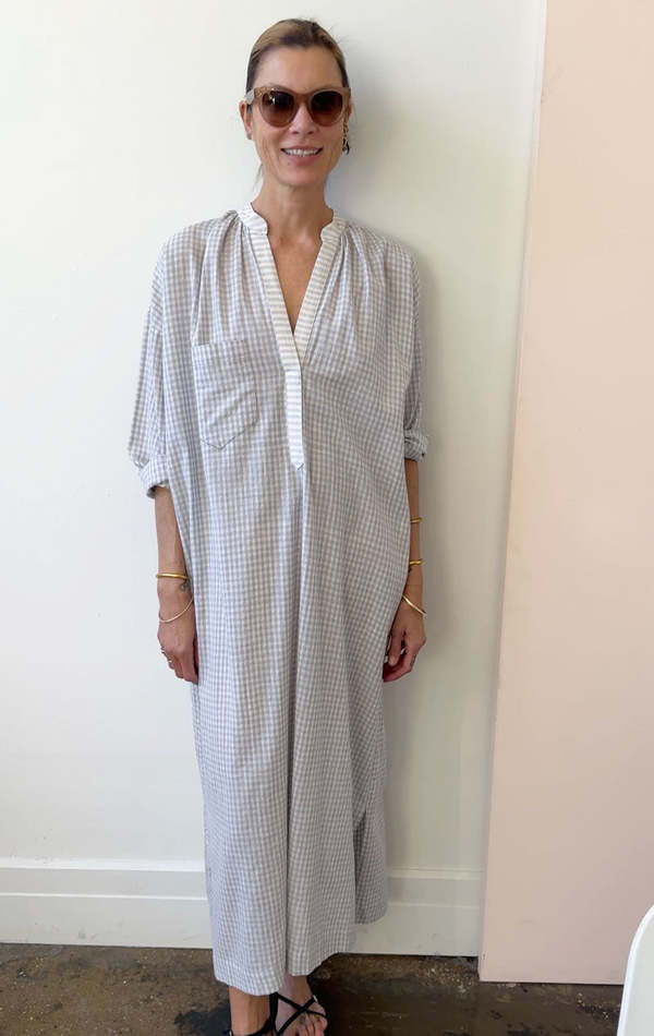 Two check linen one pocket caftan dress - Grey | Garmentory