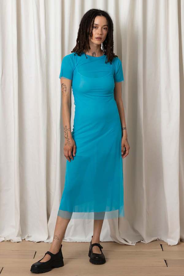 Ali Golden Fitted Mesh T-Shirt Dress - Teal | Garmentory