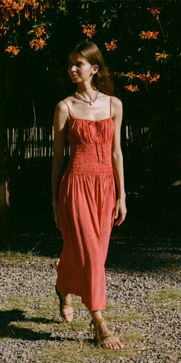 ciao lucia red dress Leo Peony Print Spaghetti Strap Midi Dress