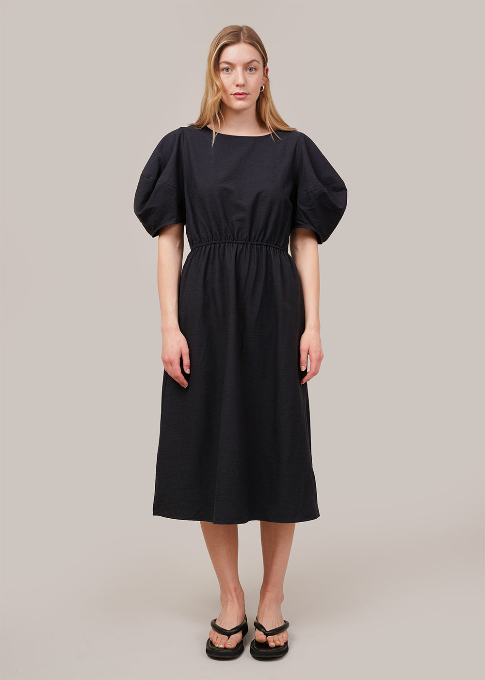 knee length dresses for ladies Black Contrast Smocked Balloon Sleeve Midi Dress  PinkBlush