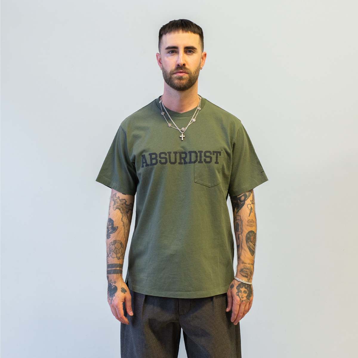Engineered Garments Printed Cross Crew Neck Pocket T Shirt - Olive