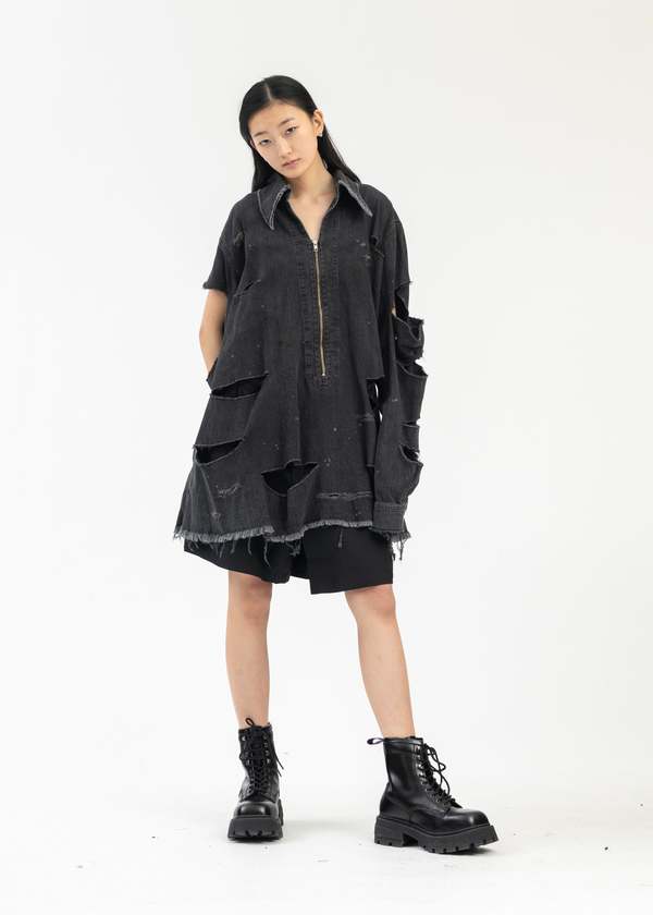 トップス KIDILL DESTROY PULLOVER DENIM SHIRT 24SS Kidill DESTROY PULLOVER DENIM SHIRT - BLACK | Garmentory