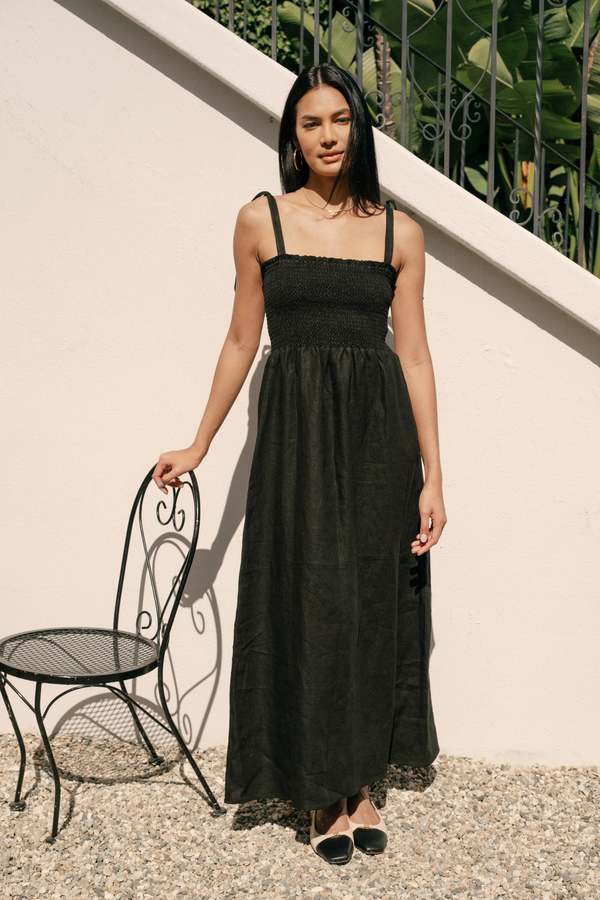 knee length dresses for ladies Black Brighter Days Linen Maxi Dress