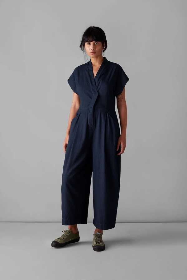 TOAST Cross Front Indigo Twill Jumpsuit - Indigo | Garmentory