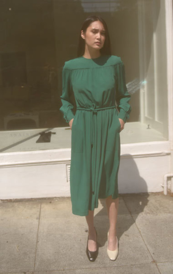 emerald green crepe dress Alba Crepe Long In Dress Emerald – Rhea Costa main image 0