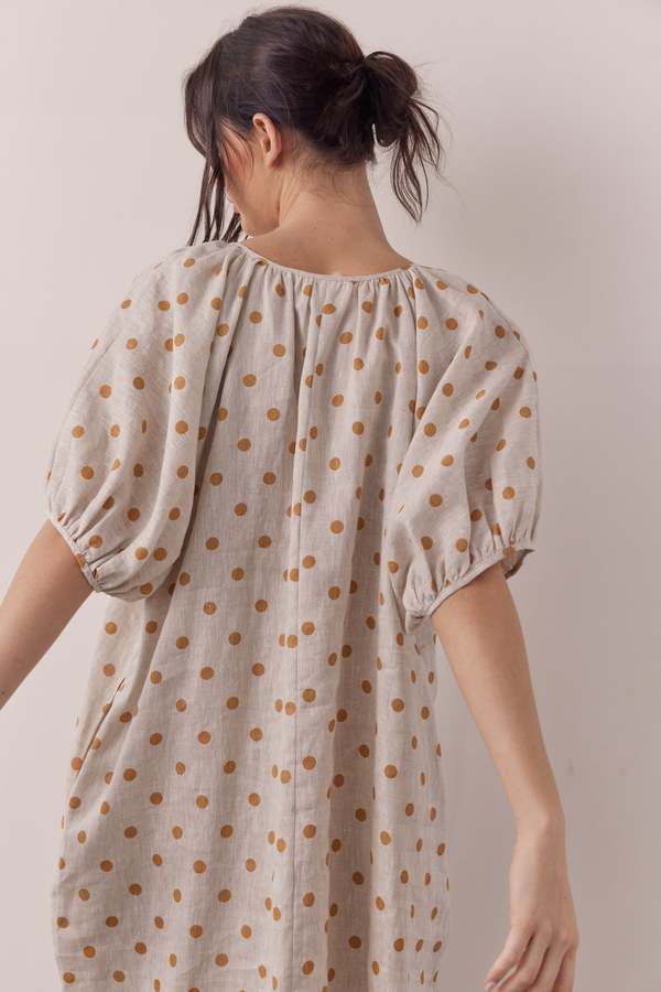 amente Linen polka dot puff sleeve dress - Beige/Mustard | Garmentory