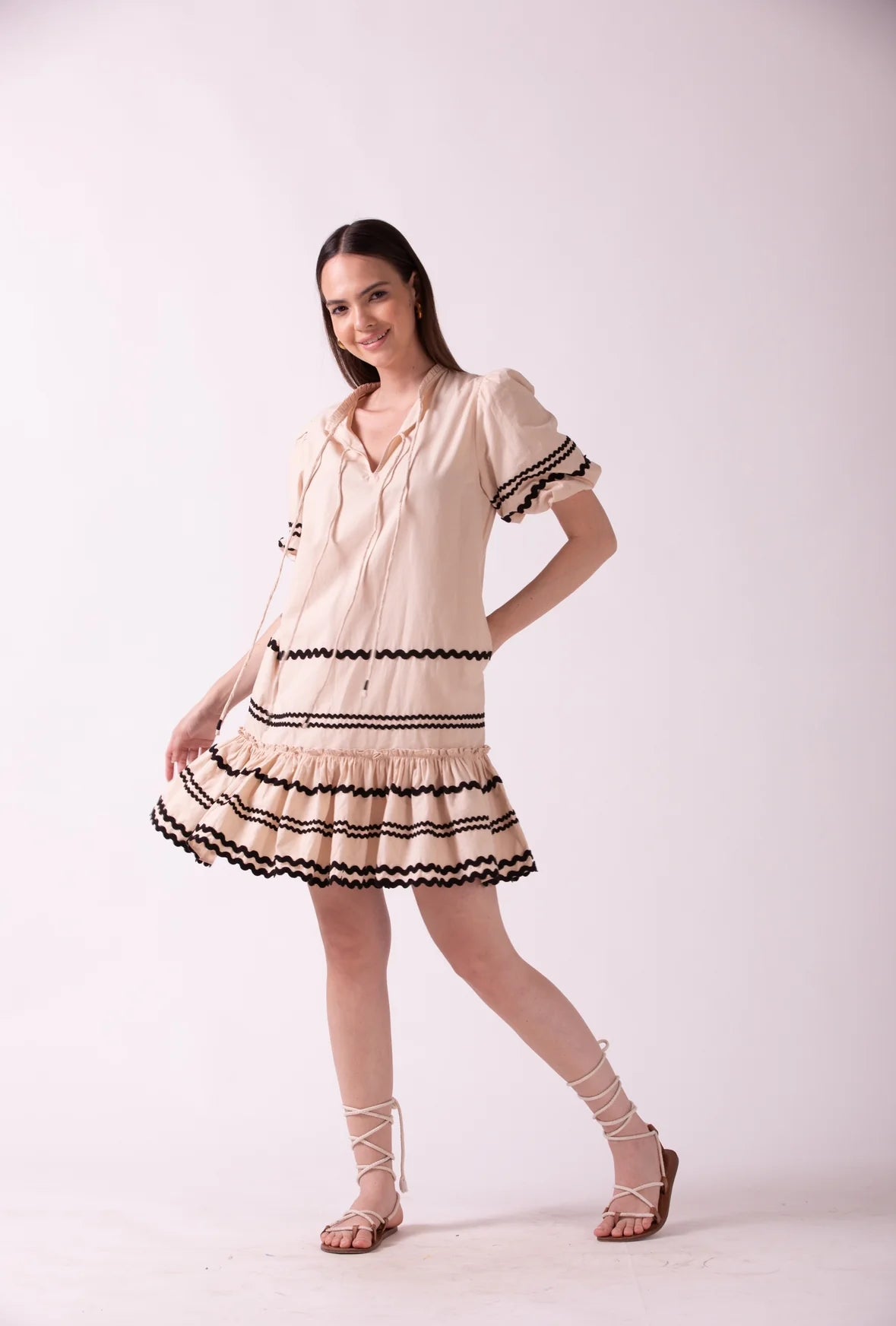 white christmas dresses Celina Moon Women's Rosette Floral Long Sleeve Minidress - Natural main image 1