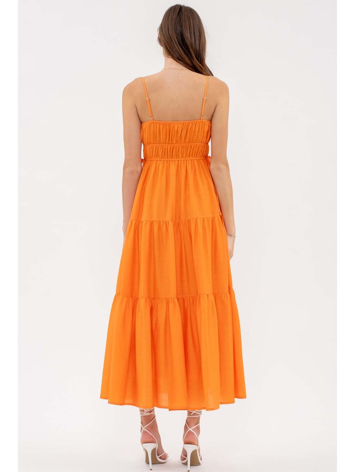 Blu Pepper Willow Waist Tie Shirred Tiered Midi Dress In Cantaloupe |  Garmentory
