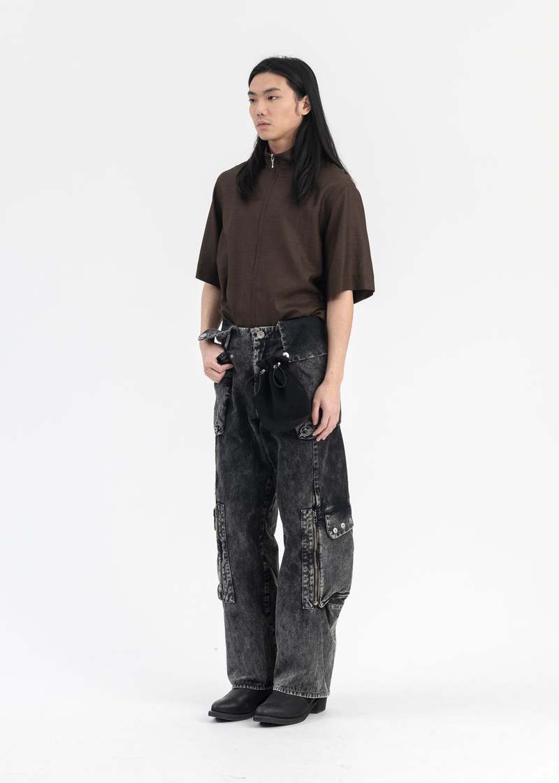 Omar Afridi DISCHARGE DENIM TOTEM CARGO TROUSERS - POWDER