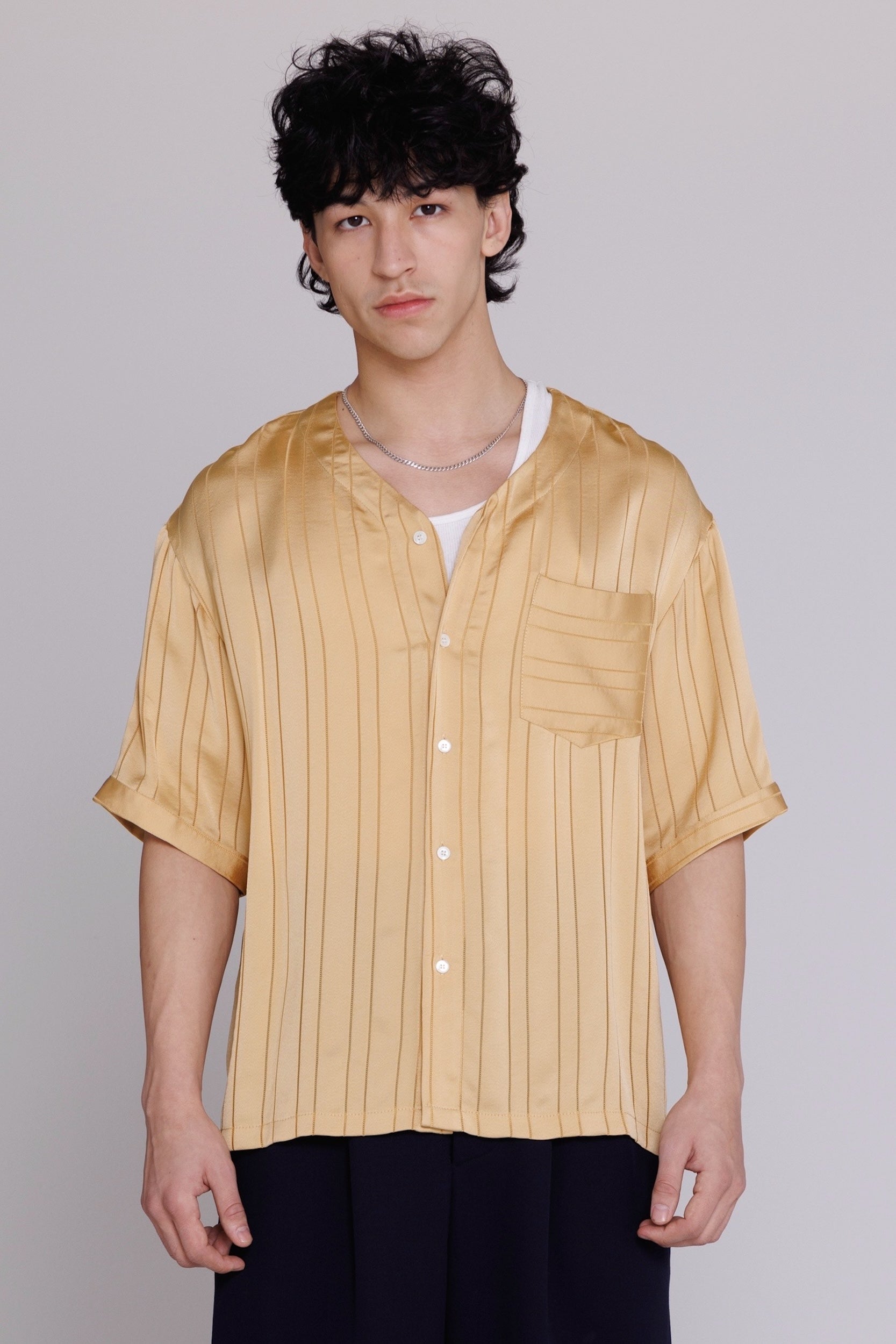 gold satin button up