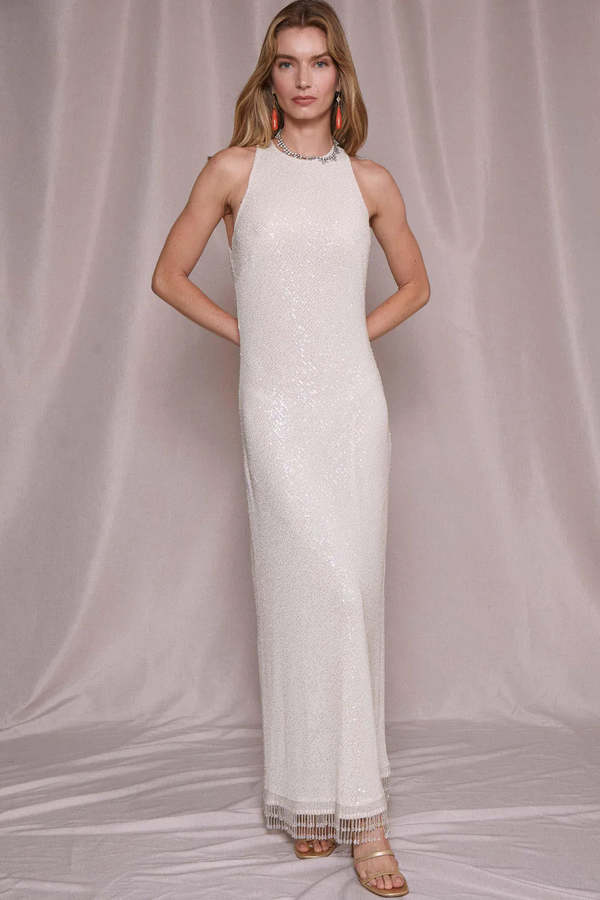 knee length dresses for ladies Mac Duggal Embellished Boucle Sleeveless A-Line Midi Dress main image 0