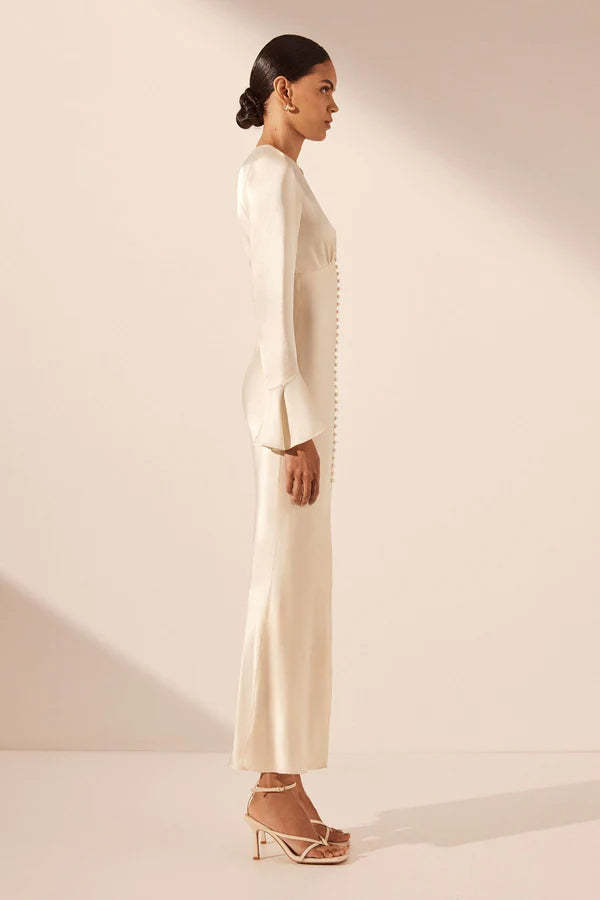 knee length dresses for ladies La Lune Frill Cuff Bias Midi Dress | Cream | Dresses main image 0