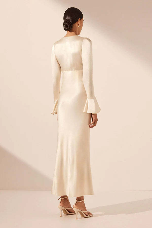 knee length dresses for ladies La Lune Frill Cuff Bias Midi Dress | Cream | Dresses main image 1