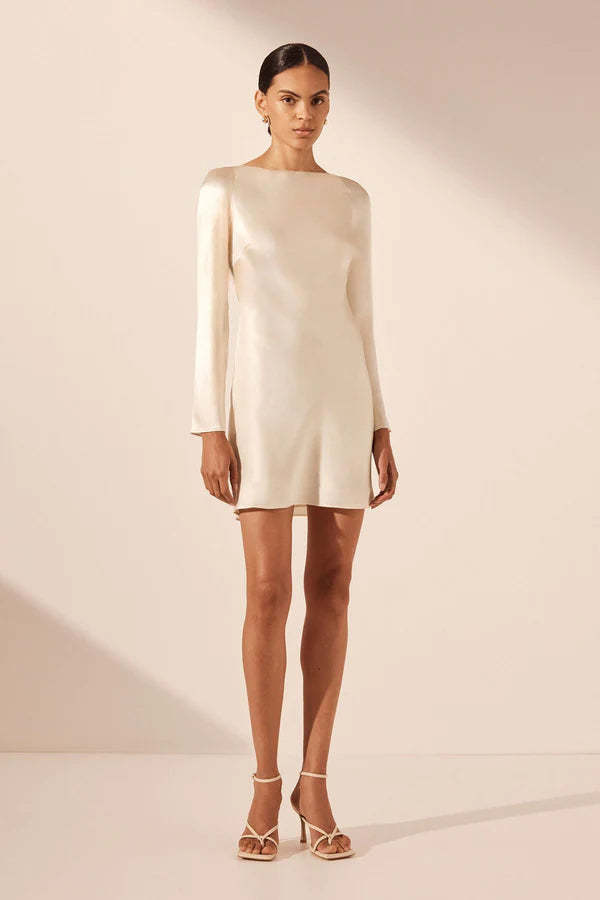 la lune long sleeve backless mini dress cream Shona Joy - La Lune Asymmetrical Long Sleeve Mini Dress - Cream