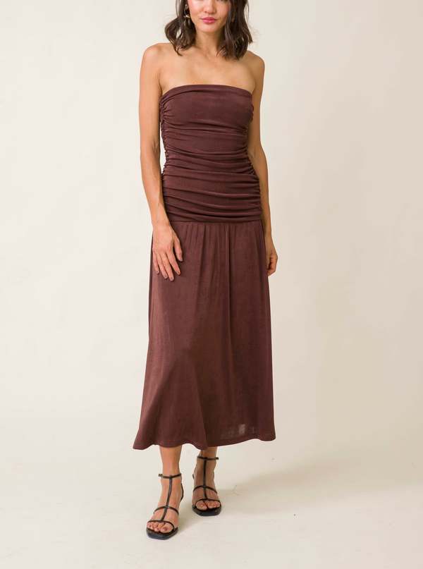 Line & Dot Cocoa Strapless Midi Dress - Cocoa | Garmentory