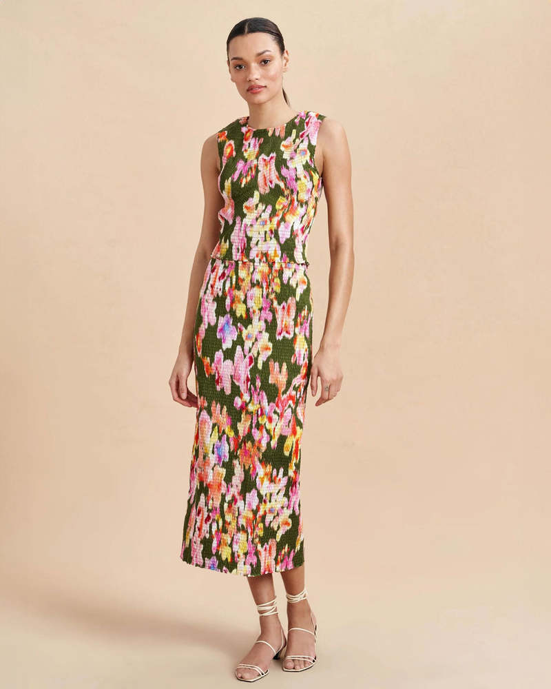 La Ligne Smocked Midi Skirt - Khaki Green/Pink | Garmentory La Ligne Smocked Midi Skirt - Khaki Green/Pink | Garmentory