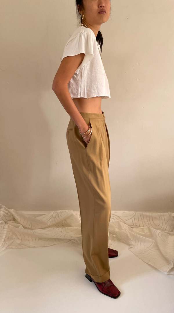 Vintage 90s pleated wool baggy cuffed wide leg pants - Camel