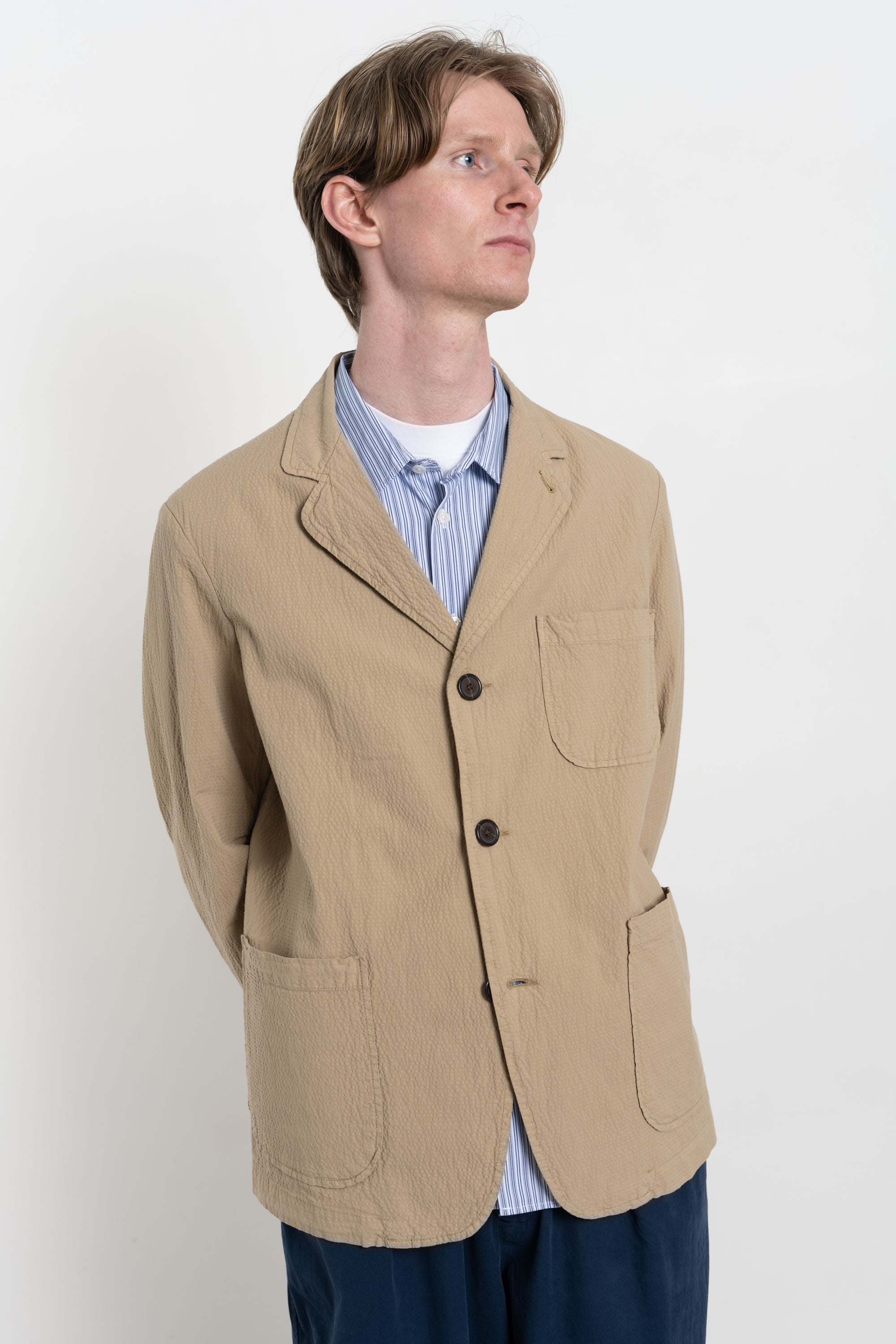 Universal Works Three Button Universal Works Three Button Jacket - Seersucker II Summer Oak | Garmentory