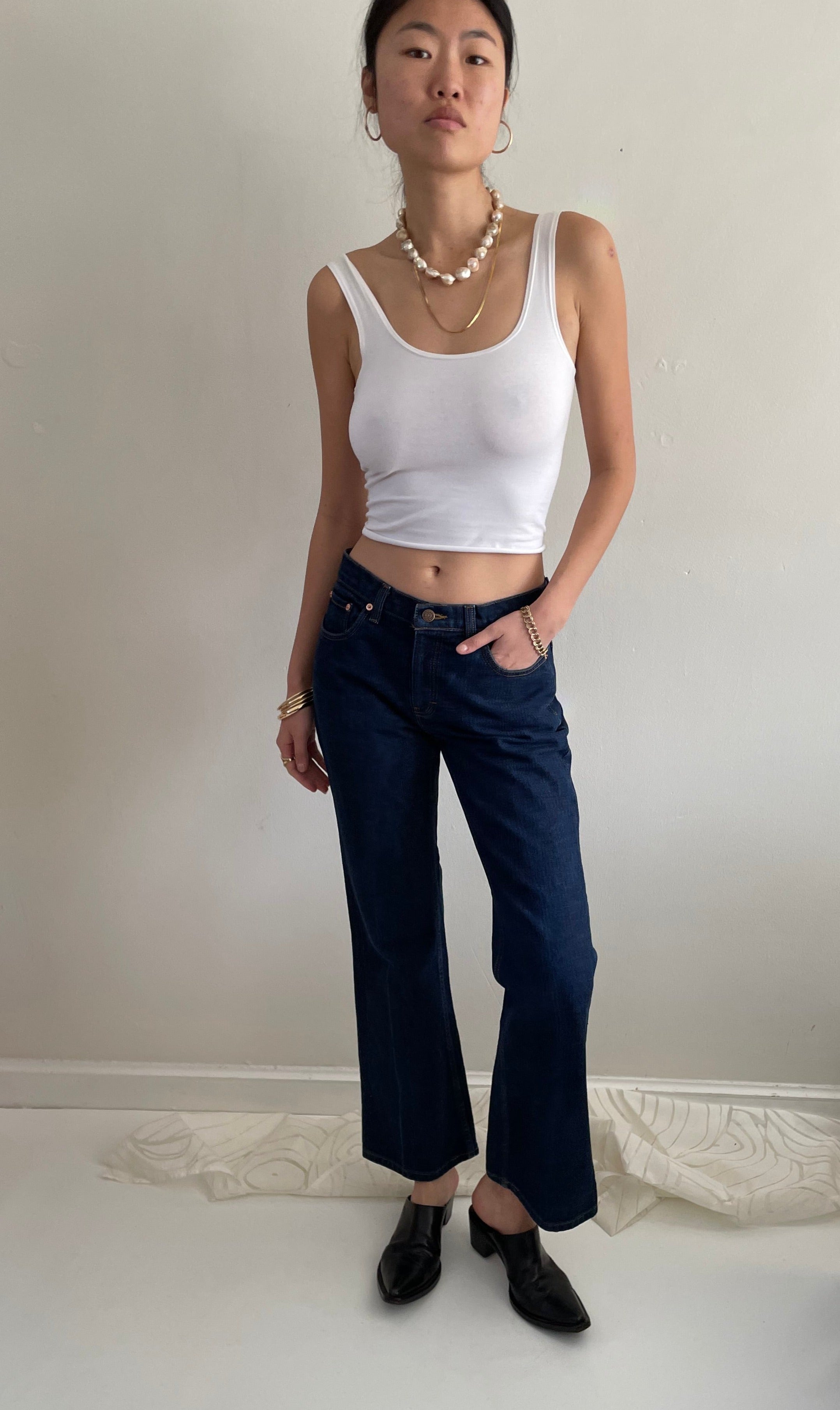 LUCKY & BLESSED - Size Dark Wash Mid Rise Rinsed Square Pocket Trouser Jeans: 18