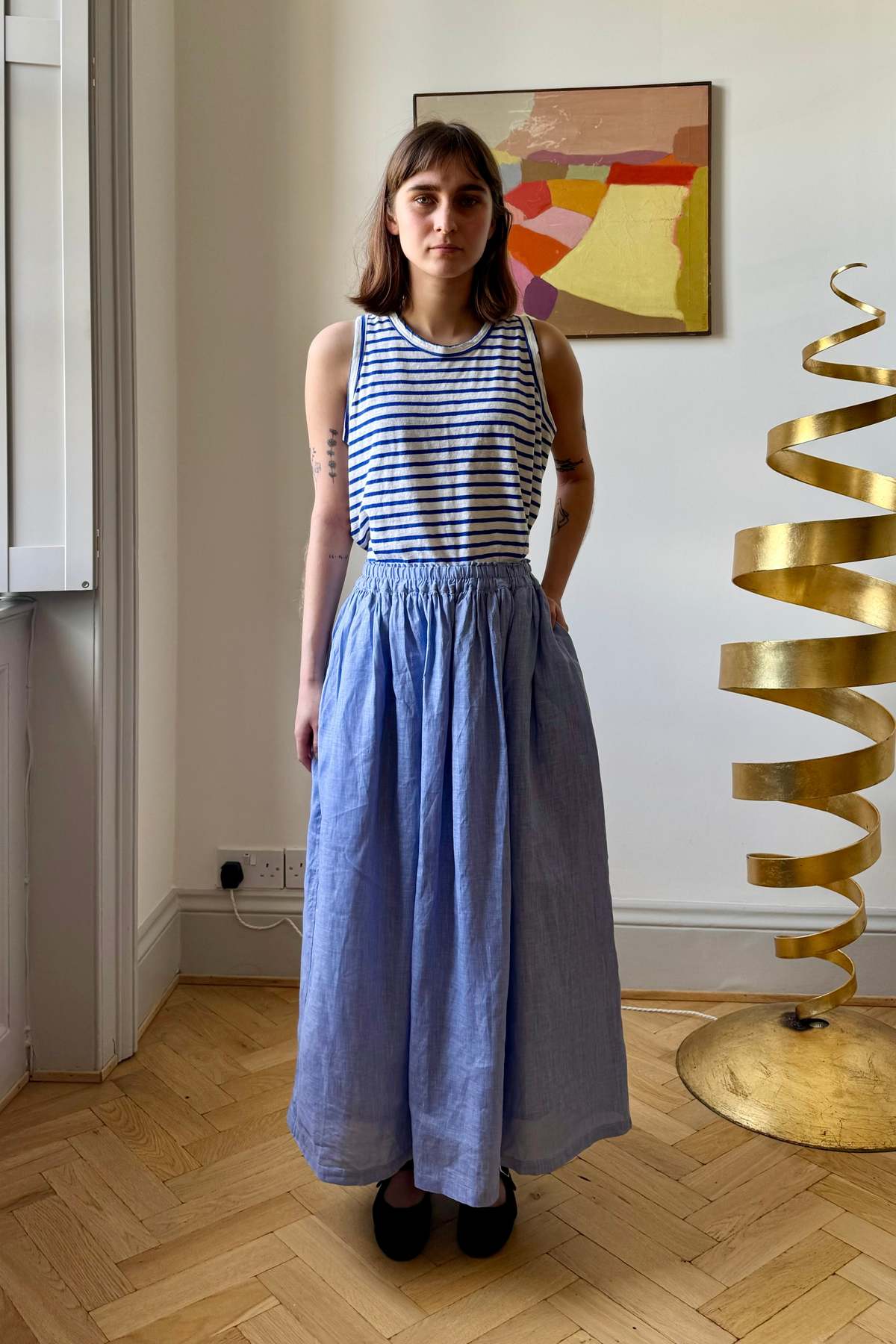 ICHI ANTIQUITES Woven Linen Skirt - Blue | Garmentory