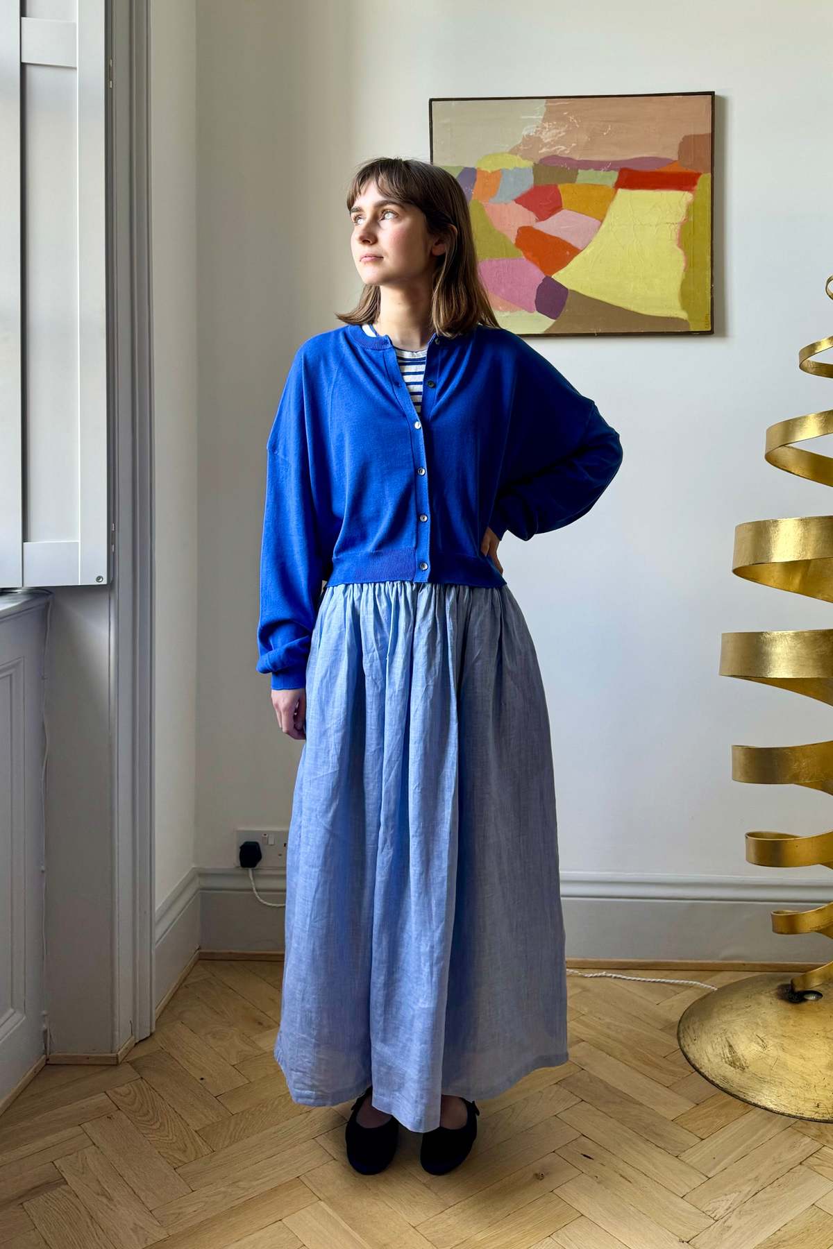 ICHI ANTIQUITES Woven Linen Skirt - Blue | Garmentory