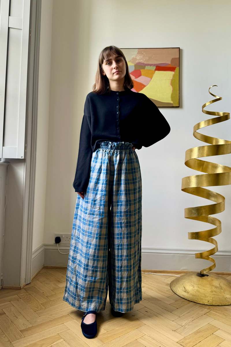 ICHI ANTIQUITES Check Linen Trousers - Indigo | Garmentory