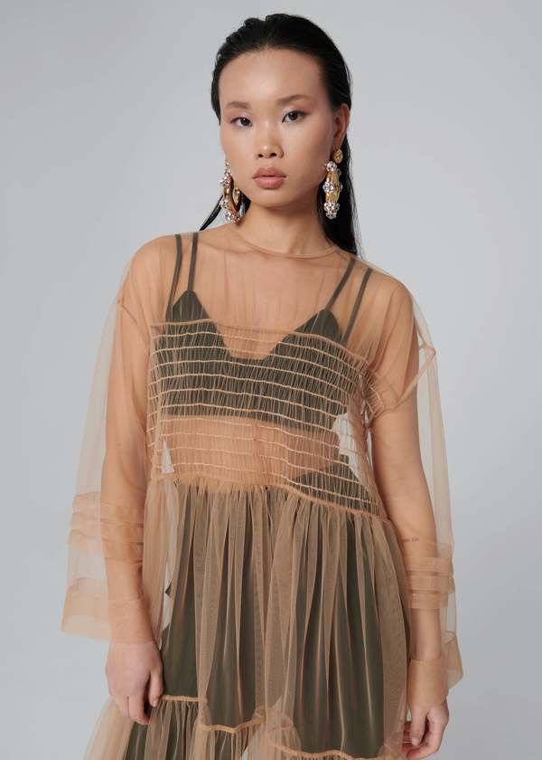 Esthe Long Tulle Tiered Oversized Dress - Beige | Garmentory