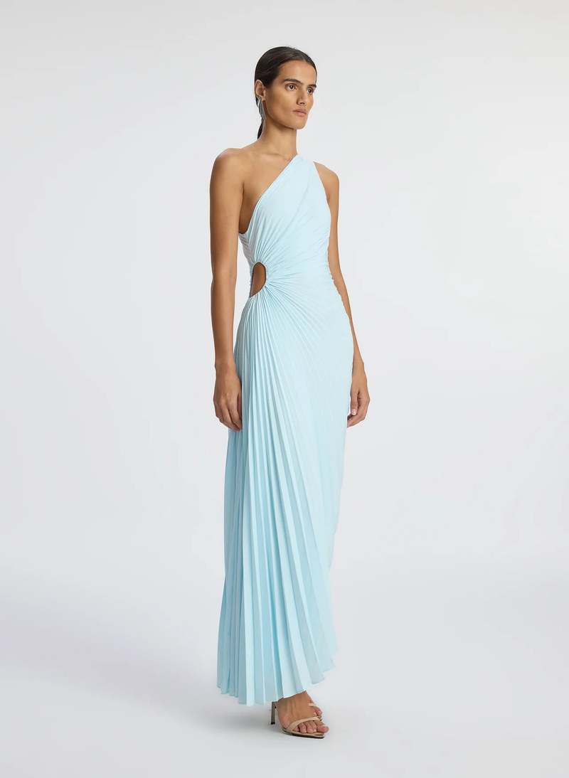 delfina pleated long asymmetric one shoulder dress A.L.C. - Aqua 510 tall Model is Length:Maxi Sweetheart Lace Corset A-Line Dress Size:10