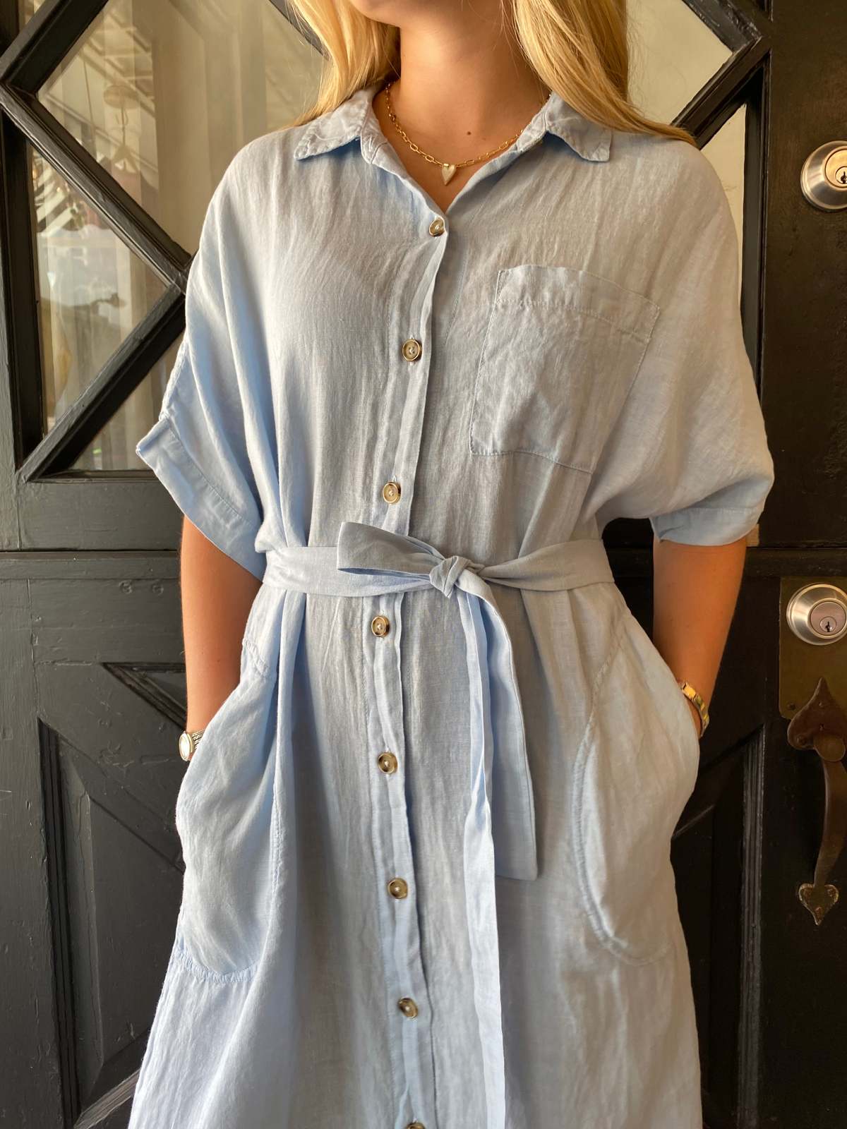 chinese dress ladies Floral Print Linen Button-Down Shirt Dress  Azure & Lavender