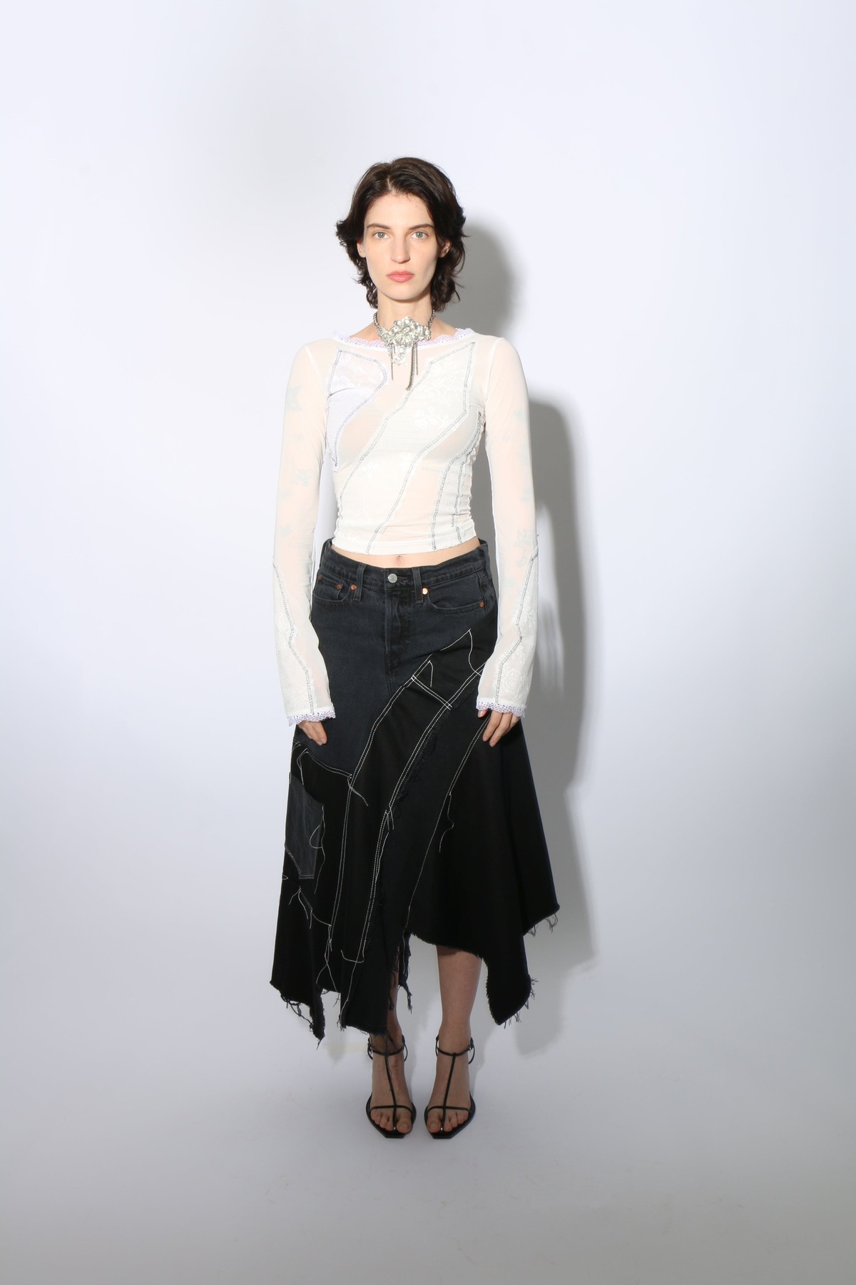 AVG-AL101 BLACK DENIM TWO TONE SKIRT