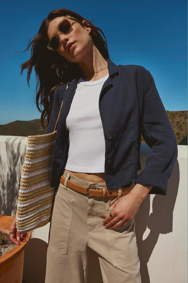 Velvet Finley Heavy Linen Cropped Blazer - Jasper