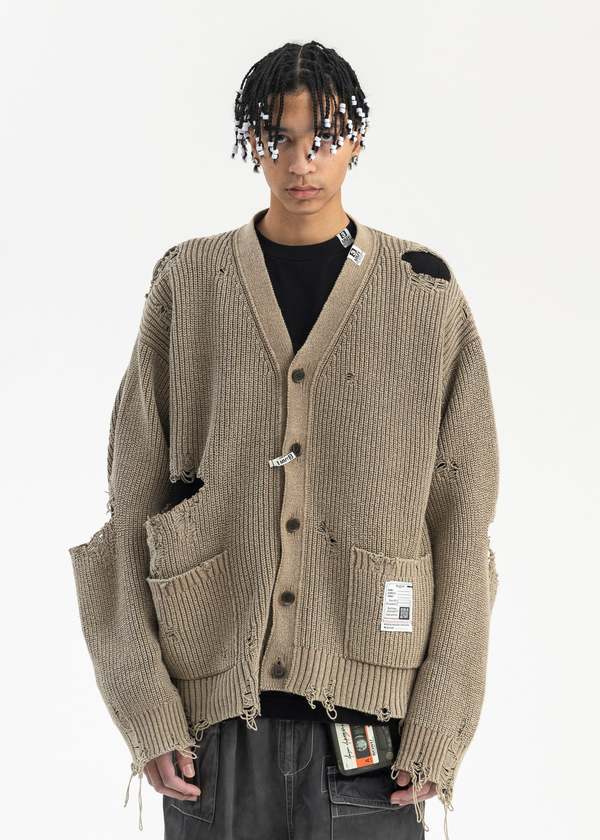 ツ*ル様 メゾンミハラヤスヒロ bleached knit cardigan Mihara Yasuhiro BLEACHED KNIT CARDIGAN - KHAKI | Garmentory