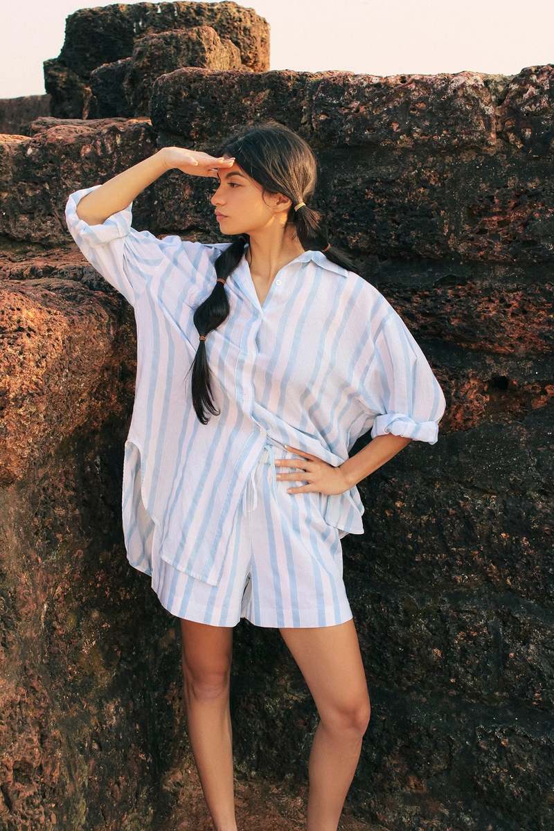 SZ Blockprints Oversize Button Down Shirt - Mulmul Seaside Stripe  