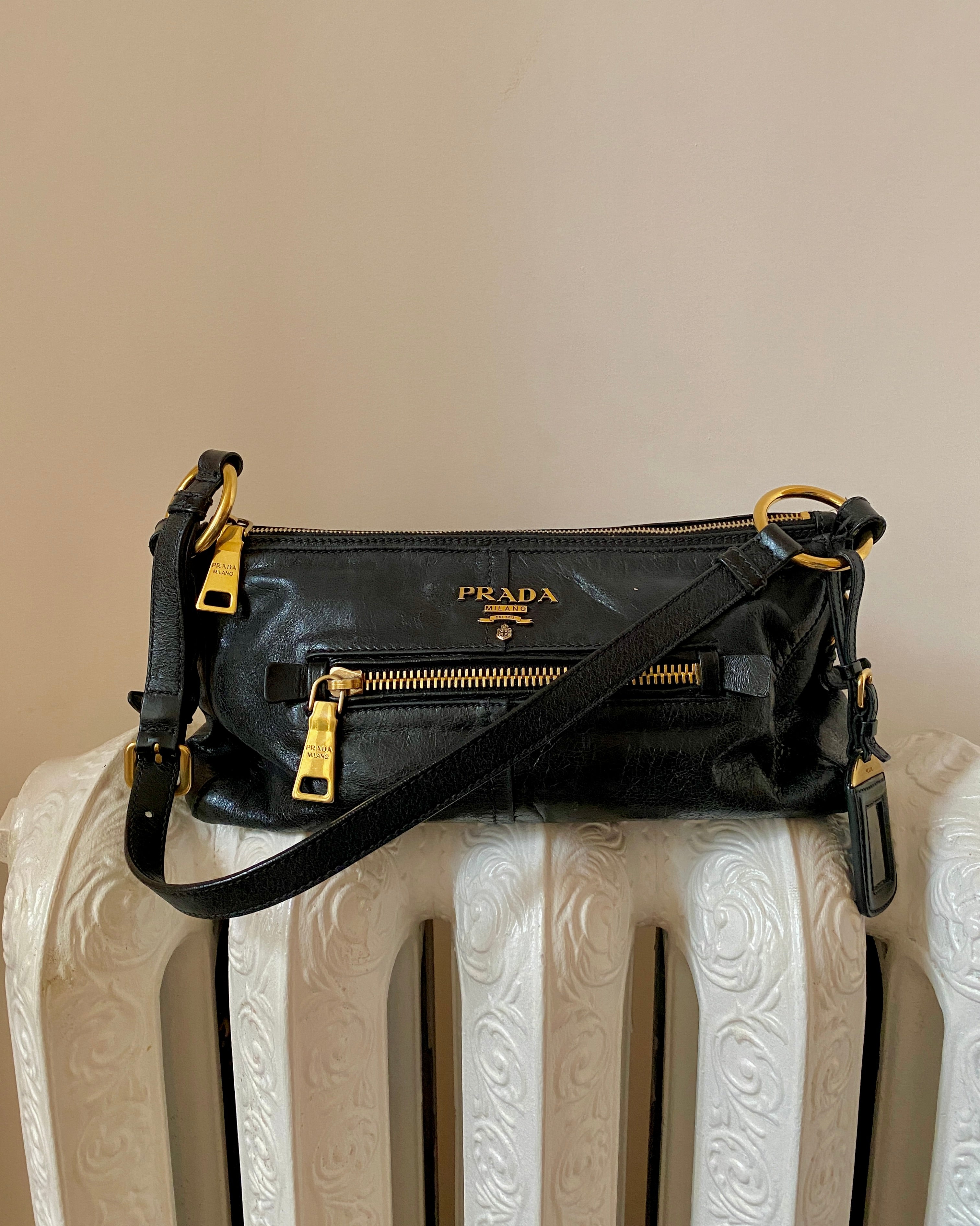 Vintage Y2K PRADA Vitello Shine Black Shoulder Bag With Gold