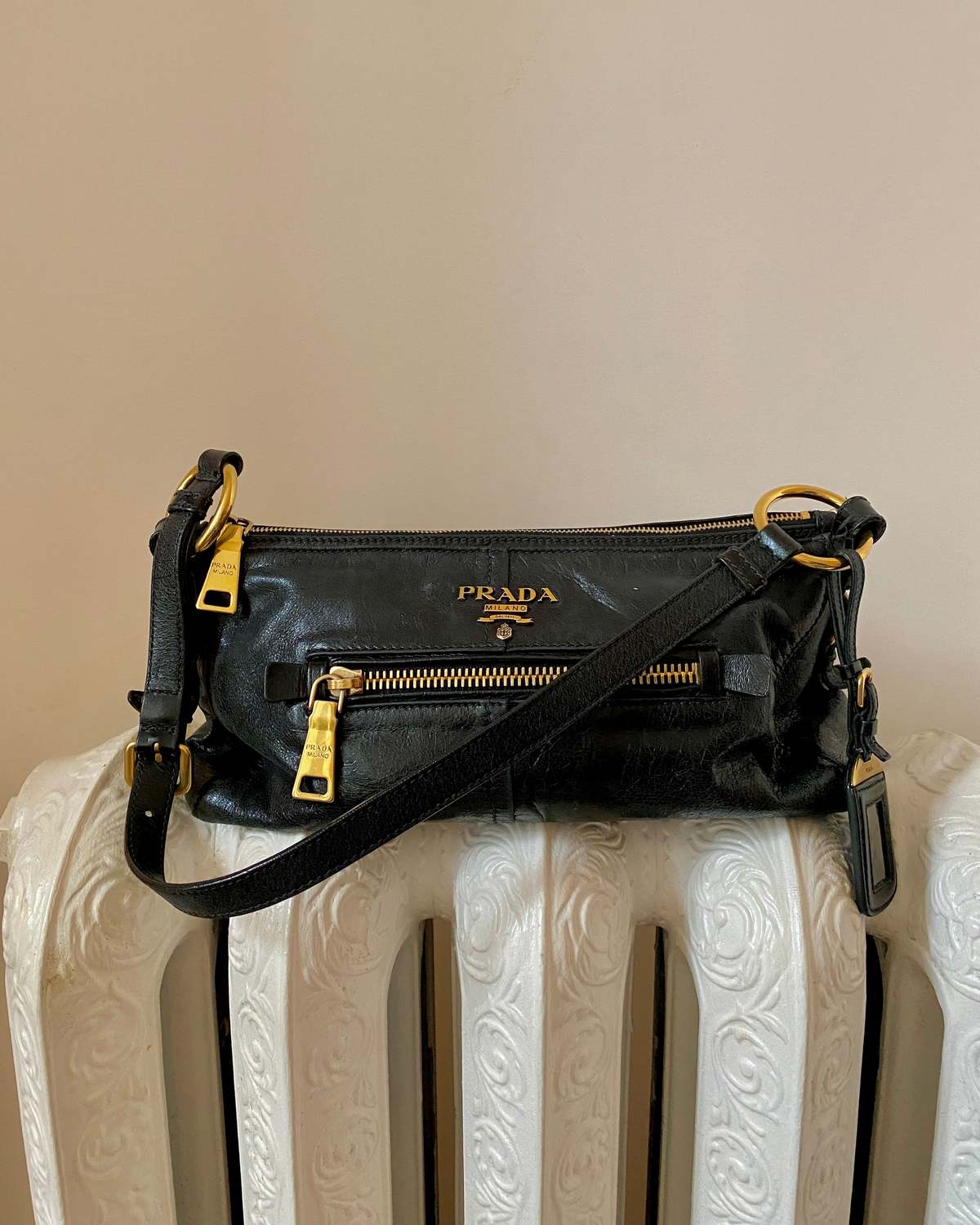 Vintage Y2K PRADA Vitello Shine Black Shoulder Bag With Gold Tone 