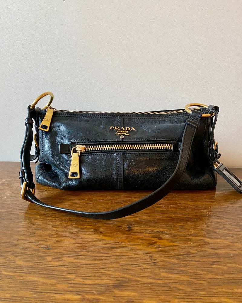 Vintage Y2K PRADA Vitello Shine Black Shoulder Bag With Gold