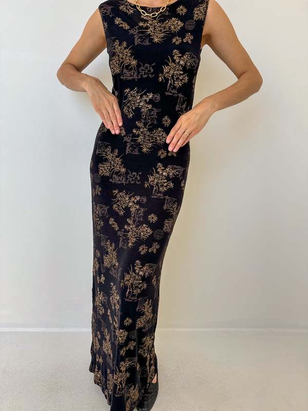 Vintage 90s Sleeveless Maxi Dress - Noir/Brun | Garmentory Vintage 90s Sleeveless Maxi Dress - Noir/Brun | Garmentory
