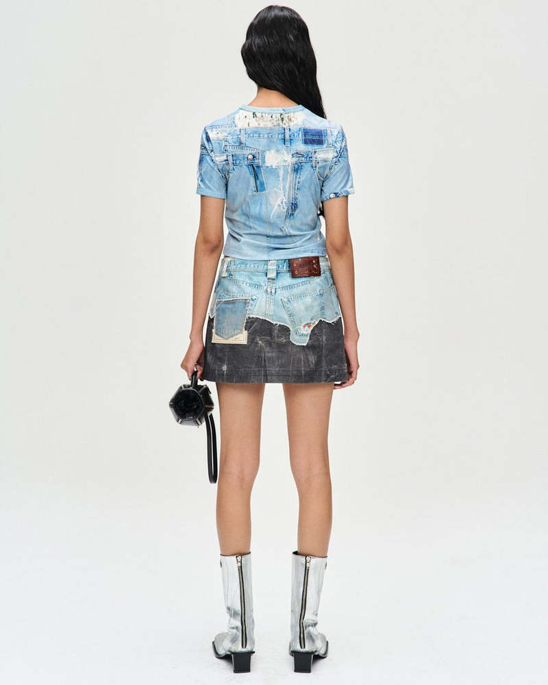 【ANDERSSON BELL】 FAUX-DENIM& LEATHER PRINTED MINI SKIRT ANDERSSON BELL Faux Denim & Leather Printed Mini Skirt