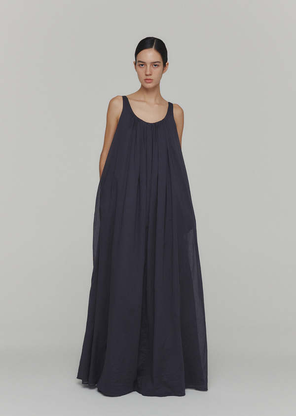 AMOMENTO NECK SHIRRING SHEER LONG DRESS - NAVY | Garmentory
