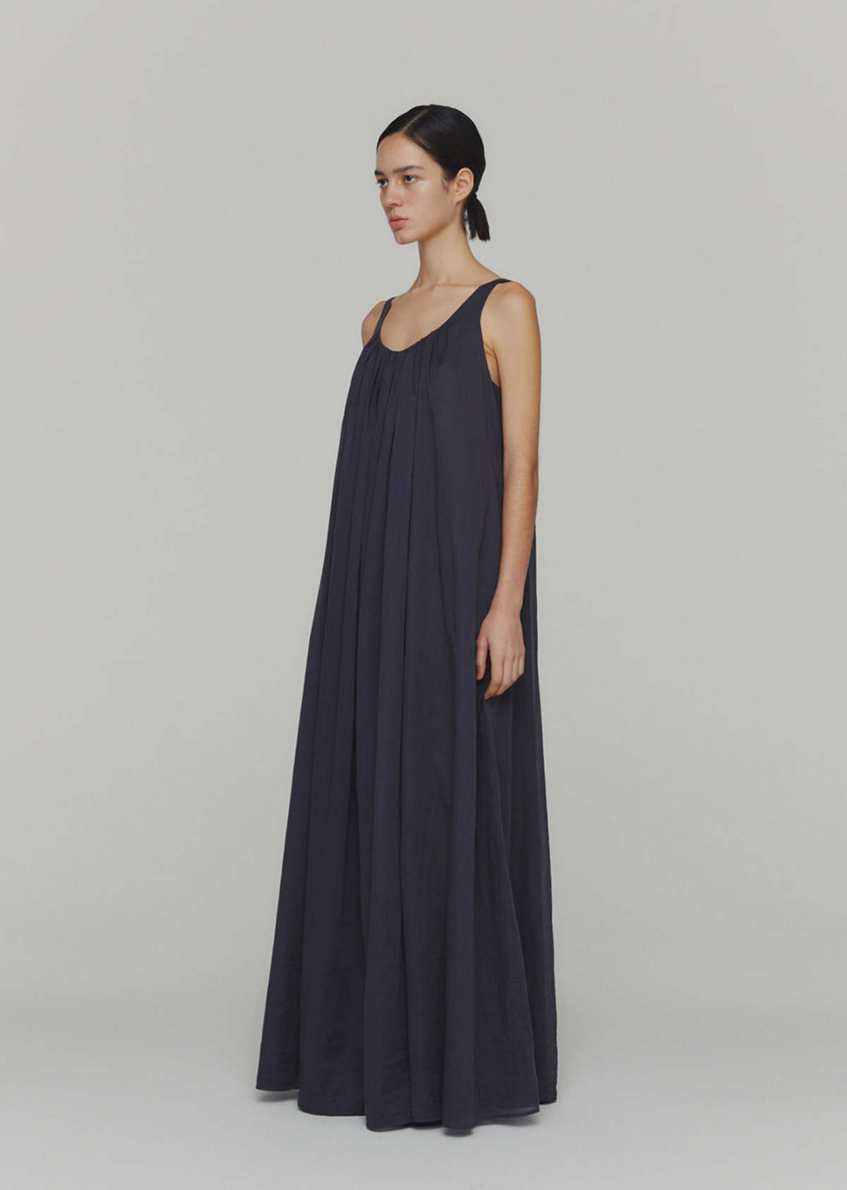 AMOMENTO NECK SHIRRING SHEER LONG DRESS - NAVY | Garmentory
