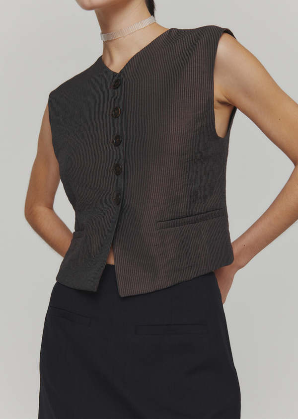 AMOMENTO STRIPE BUTTON VEST - BROWN | Garmentory