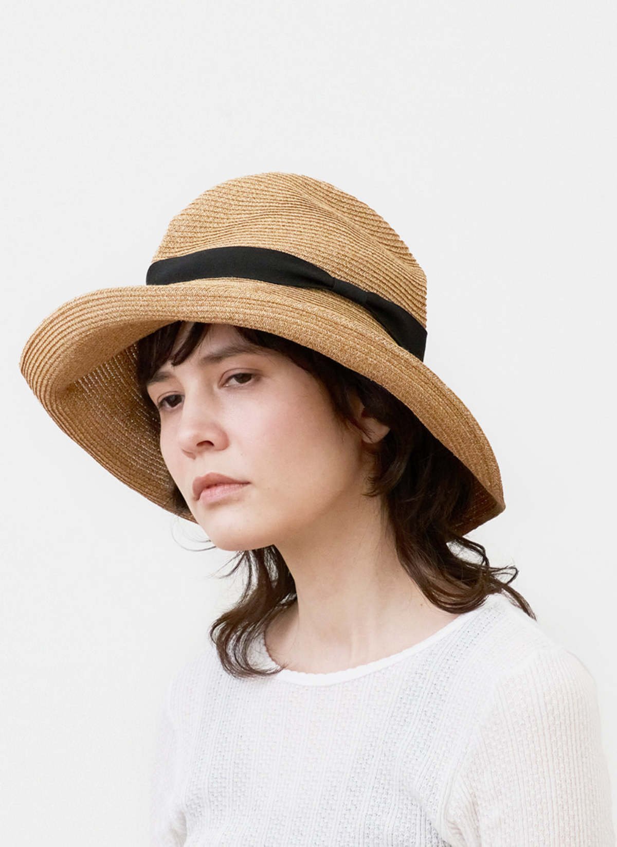マリホジャ　Vintage Abaca Flat Hat BOXED HAT paper abaca 11cm brim 14KGF ring belt