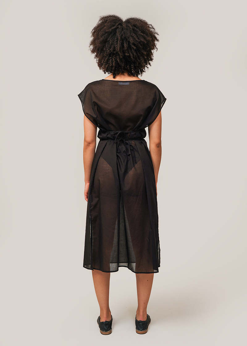 AMOMENTO Sheer Drawstring Dress - Black | Garmentory