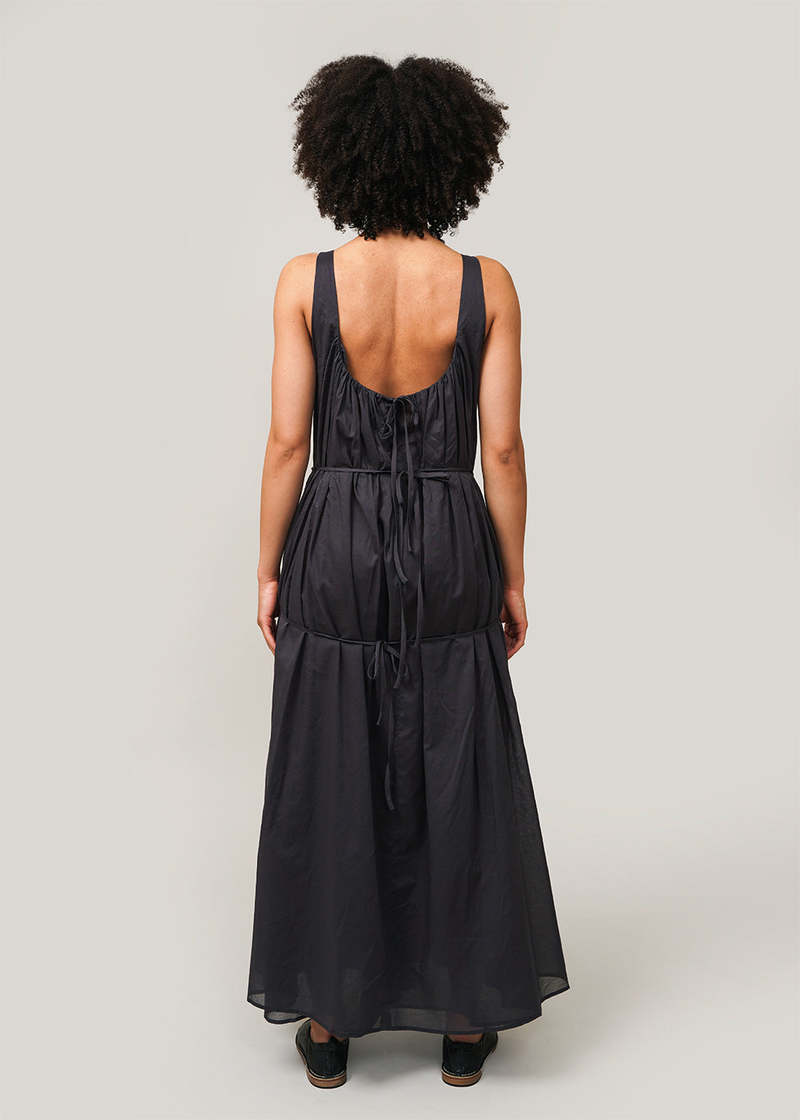 AMOMENTO NECK SHIRRING SHEER LONG DRESS - NAVY | Garmentory