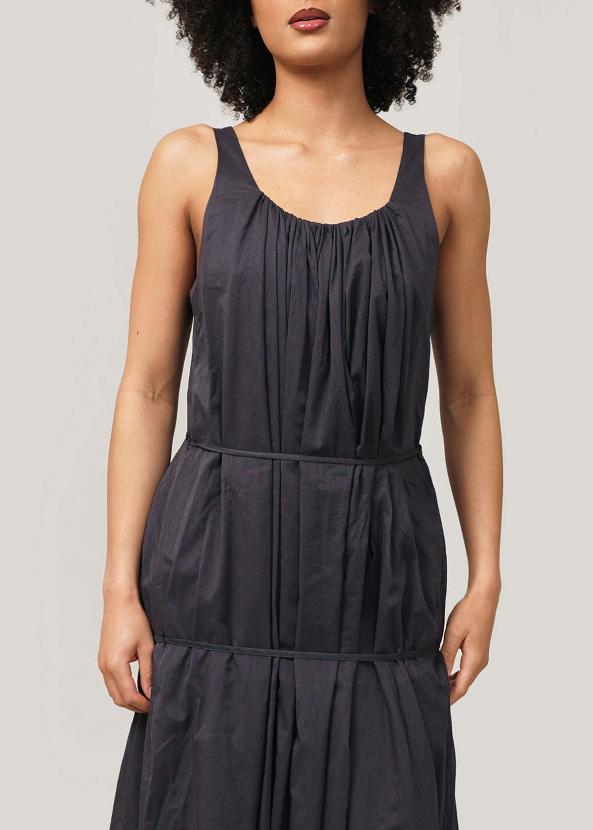 AMOMENTO Neck Shirring Sheer Long Dress - Navy | Garmentory