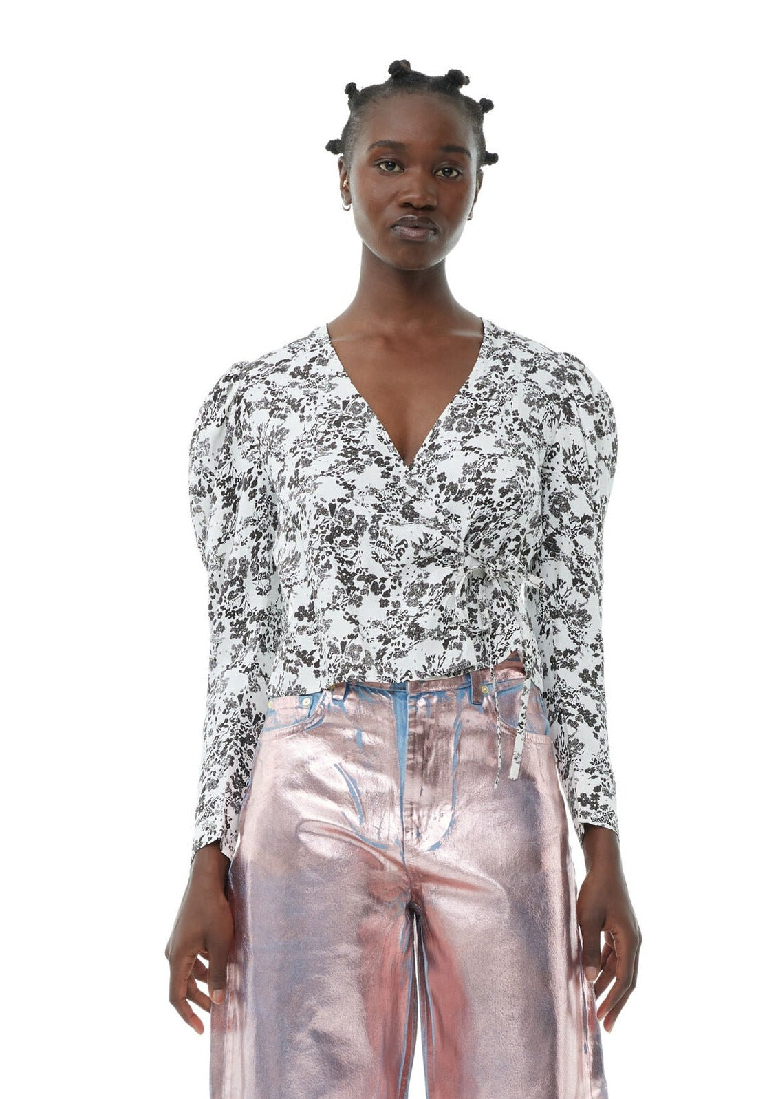 GANNI Viscose Twill Wrap Blouse ベージュ viscose-twill-wrap-blouse---